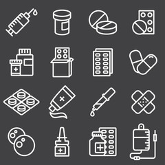 Pills capsules and bottles icons set
