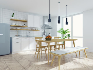 Modern scandinavian kitchen and dinning  room interior,wood table and chair with white counter ,pantry room .3drender
