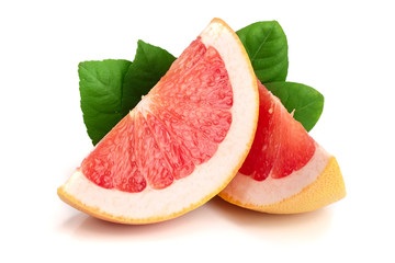 Fototapeta na wymiar Grapefruit slices with leaves isolated on white background