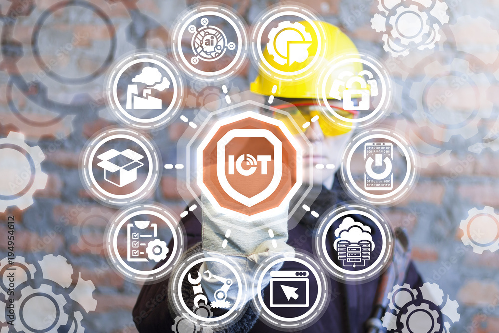 Poster iot industry 4.0 safety concept. security integrated internet of things. industrial engineer pressin
