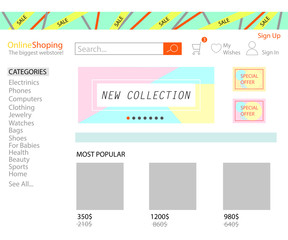 Online shop store concept. Web page with categories and products.