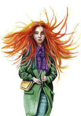 Watercolor drawing of a red-haired girl, where the hair develops in the wind in a green coat in a lilac scarf, with green eyes, in the style of a facial expression, a fashionable girl for design, deco
