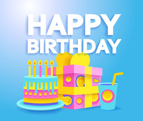 Happy Birthday greeting card or poster. Papercut modern style.