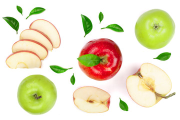 red and green apples with slices and leaves isolated on white background top view. Set or collection. Flat lay pattern