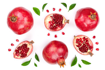 pomegranate with leaves isolated on white background. Top view. Flat lay pattern