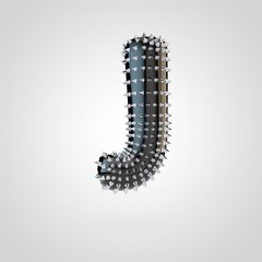 BDSM black latex letter J uppercase with chrome spikes isolated on white background