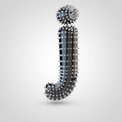 BDSM black latex letter J lowercase with chrome spikes isolated on white background
