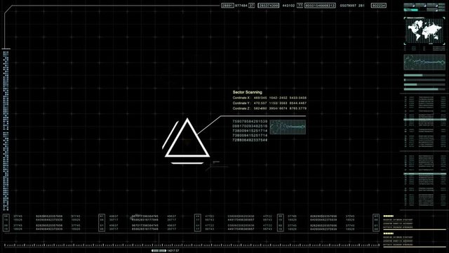 Military head up display targeting and tracking enemy in digital cyber space particles background