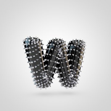 BDSM black latex letter W lowercase with chrome spikes isolated on white background