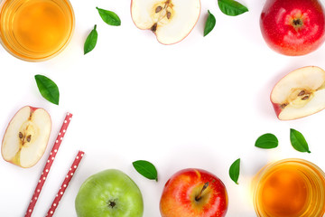 apple with juice and leaves isolated on white background with copy space for your text. top view. Flat lay pattern