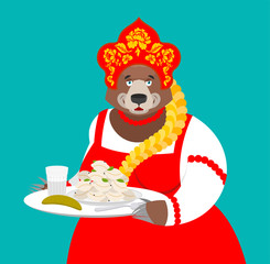 Welcome to Russia. Russian bear and Vodka and dumplings. National food. Tradition of meeting guests. Hospitality. Beast in national costume. ethnic Historical hat Kokoshnik with Khokhloma painting.