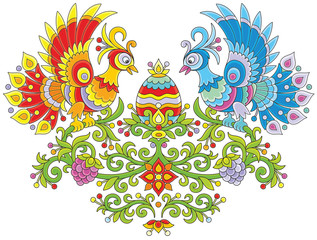 Ornate Easter egg and firebirds among decorative leaves, flowers and berries