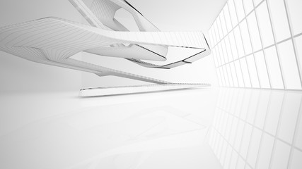 Abstract drawing white interior multilevel public space with window. 3D illustration and rendering.