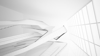 Abstract drawing white interior multilevel public space with window. 3D illustration and rendering.