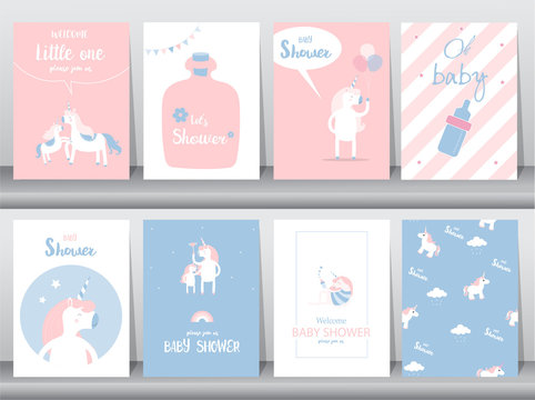Set of baby shower invitations cards, poster, greeting, template, animals,unicorn,fantasy,birthday,happy,magic, Vector illustrations 
