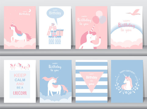 Set of birthday cards,poster,invitations, cards,template,greeting cards,animals,unicorn,fantasy,cloud,magic,Vector illustrations