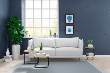 Modern scandinavian style , living room interior concept, White sofa with plant on wood floor with blue grunge wall,3D render