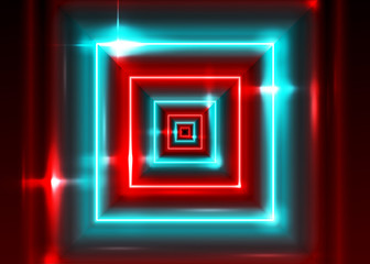Vector Neon Rectangle Frame. Shining Square Shape with Vibrant Electric Blue and Red Colors. Led Light Effect. Laser Tag Playground. Abstract Bright Minimal Background with Perspective.