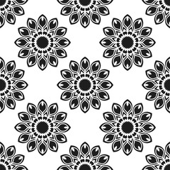 Seamless pattern with abstract flowers. Fashion textile print. Asian fabric background. Vector monochrome design. Perforation floral holes.