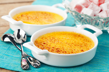 Creme brulee. Traditional French vanilla cream dessert with caramelised sugar on top.