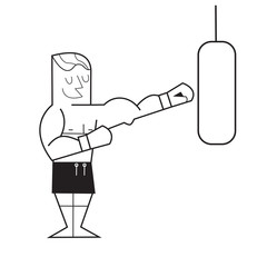 Young boxer training with a punch bag. Vector cartoon illustration.