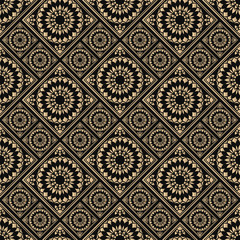 Seamless pattern oriental ornament. Black and golden textile print. Islamic vector design. Floral tiles.