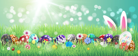 Happy easter image vector. Modern happy Easter background with colorful eggs and spring flower. Template Easter greeting card, vector.