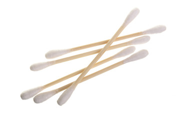 Cotton ear stick isolated on white background macro top view. Flat lay