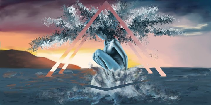 Une femme accroupis &eacute;merge de la mer sur fond d'un couch&eacute; de soleil. Son corps et sa chevelure fris&eacute;e sont de la couleur de l'eau et encadr&eacute;s par deux triangles en surimpression.