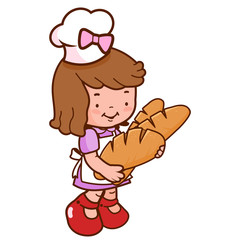 Young baker girl holding freshly baked loaves of bread. Vector illustration