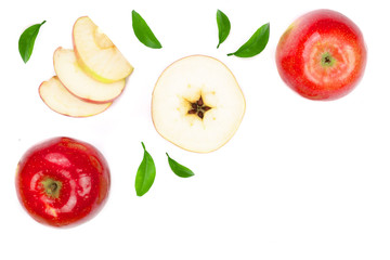 Naklejka premium red and green apples with slices and leaves isolated on white background with copy space for your text, top view