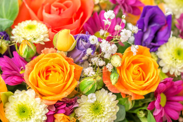 beautiful  festive flowers bouquet with chrysanthemum and orange roses, concept of congratulation