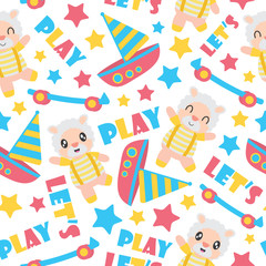 Seamless pattern of sheep boy and toys vector cartoon illustration for kid wrapping paper, kid fabric clothes, and wallpaper