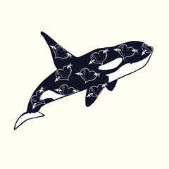 Obraz premium Killer whale with heart with arrow print on skin, hand drawn doodle sketch, isolated vector outline illustration