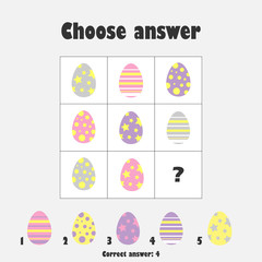 Choose correct answer, IQ test with easter eggs for children, fun education game for kids, preschool worksheet activity, task for the development of logical thinking, vector illustration