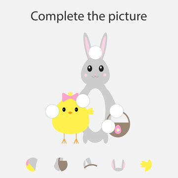 Complete the puzzle and find the missing parts of the picture, fun education easter game for children, preschool worksheet activity for kids, task for the development of logical thinking, vector
