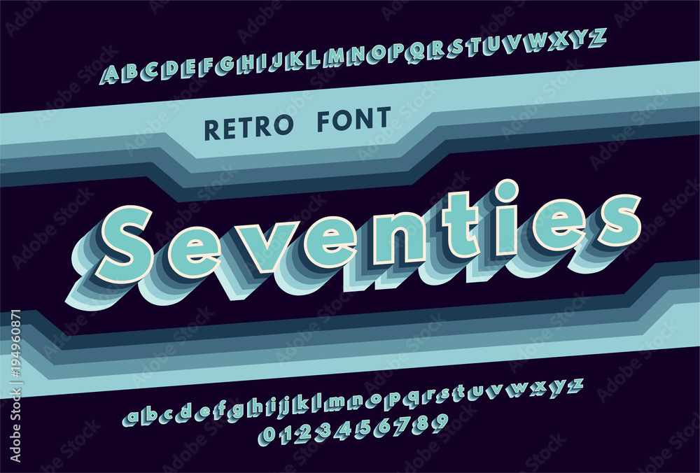 Poster retro alphabet with a harsh color gradation effects. blue font from 70's. vector illustration