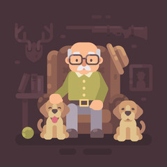 Old man resting in armchair with his two dogs. Senior hunter sitting with puppies. Grandfather flat illustration
