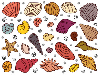 set with doodle seashells