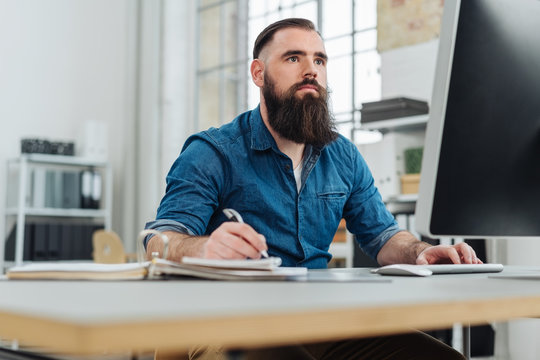 Bearded man looking at monitor in office work