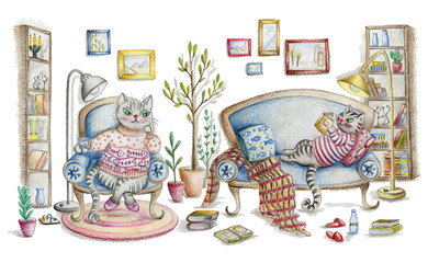 Cozy room interior with cats and furniture. Cute cartoon characters. Hand drawn illustration painted with color pencils