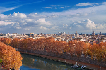 Obraz premium Rome historic center autumn or winter skyline view, with River Tiber and beautiful clouds
