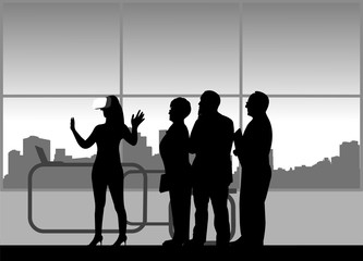 A group of people in a review of VR glasses in office, one in the series of similar images silhouette