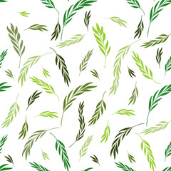 Vector seamless pattern. Floral stylish background with graphic leaves and twigs. Branches of leaves in Green shades on white background. 