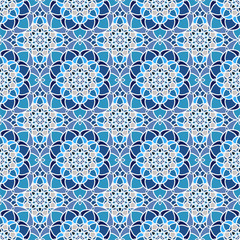 Vector Abstract Seamless Pattern in blue colors. Vintage Geometric East Ornament Pattern. Islamic, Arabic, Indian, Boho Style.