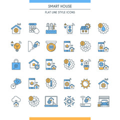 Flat line design icons on theme smart house. Smart systems and technology signs. Home automation system