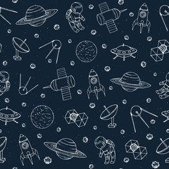 Vector seamless pattern with cosmonauts, satelites, rockets, planets, moon, falling stars and UFO contours in sketch style. Cosmic background. Space travel theme.