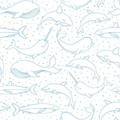 Vector seamless pattern with whale, shark, narwhal and dolphin blue contours on the polka dot white background. Sea creatures and marine life backdrop.