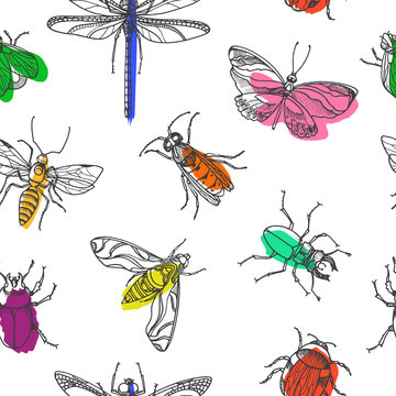 Seamless pattern of insects. Vector doodle illustration