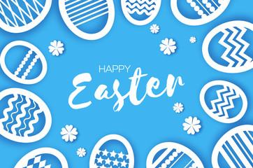 Happy Easter Greetings card. Eggs in paper cut style. Spring holidays on blue. Space for text.